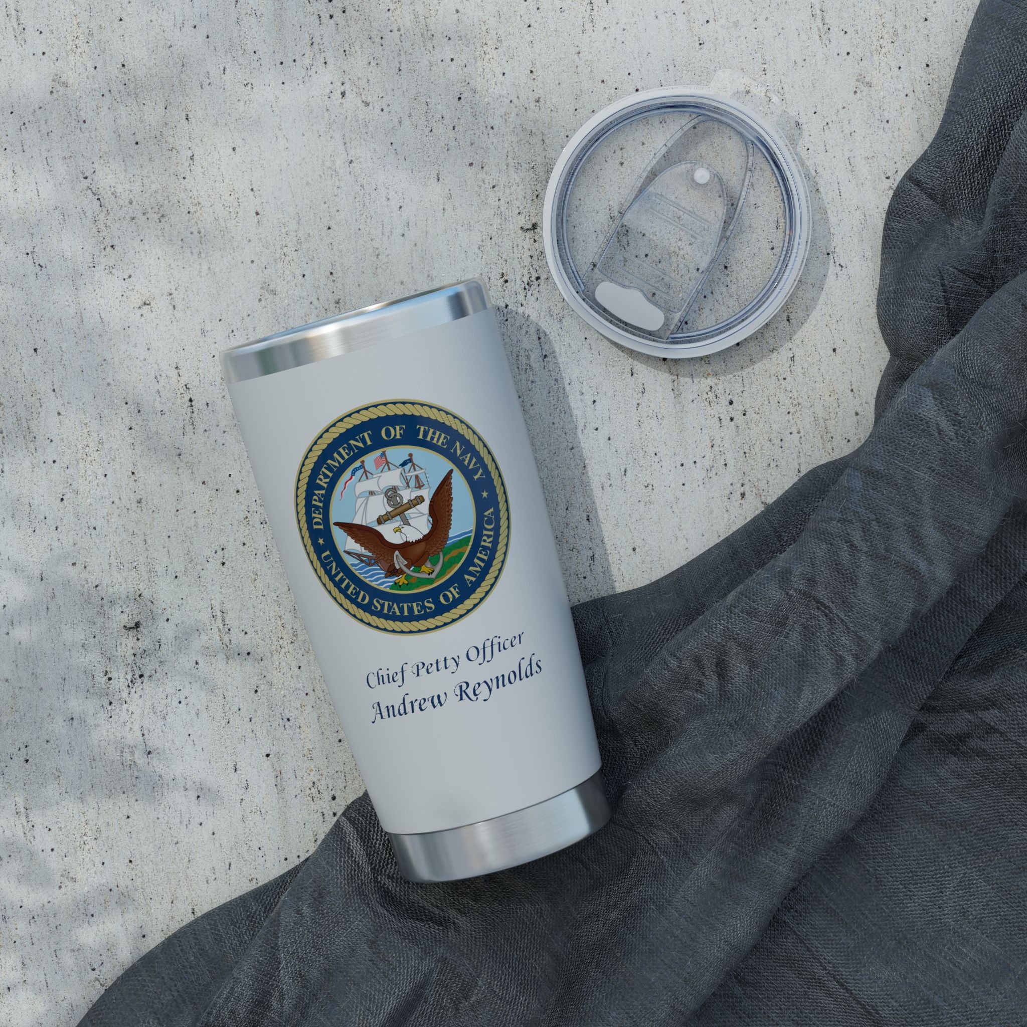 Custom U.S. Navy 20oz Tumbler – Personalized Military Drinkware with Rank, Name or Message (Black, Silver, White)