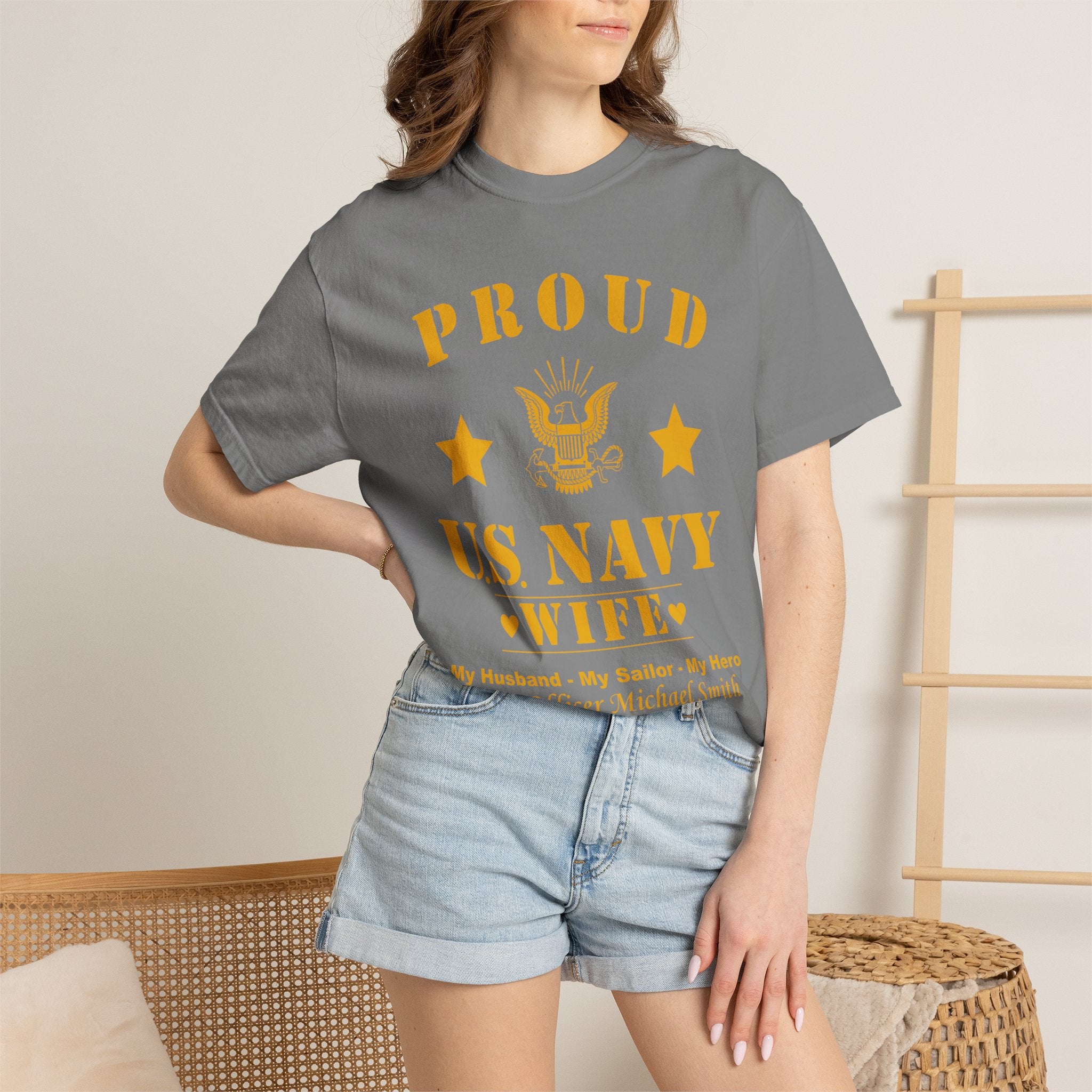 Custom Proud Navy Wife Comfort Colors T-Shirt – Personalized U.S. Navy Spouse Shirt with Name, Rank & Ship