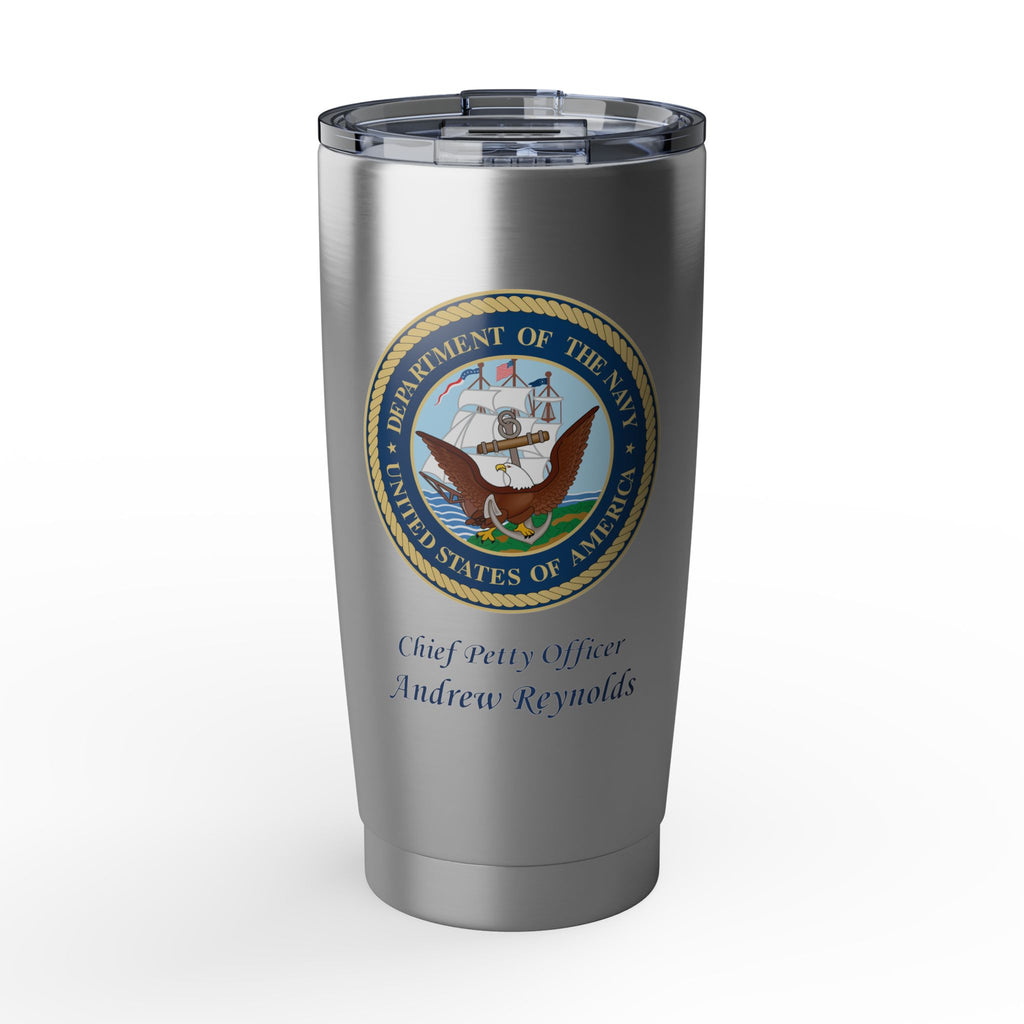 Custom U.S. Navy 20oz Tumbler – Personalized Military Drinkware with Rank, Name or Message (Black, Silver, White)