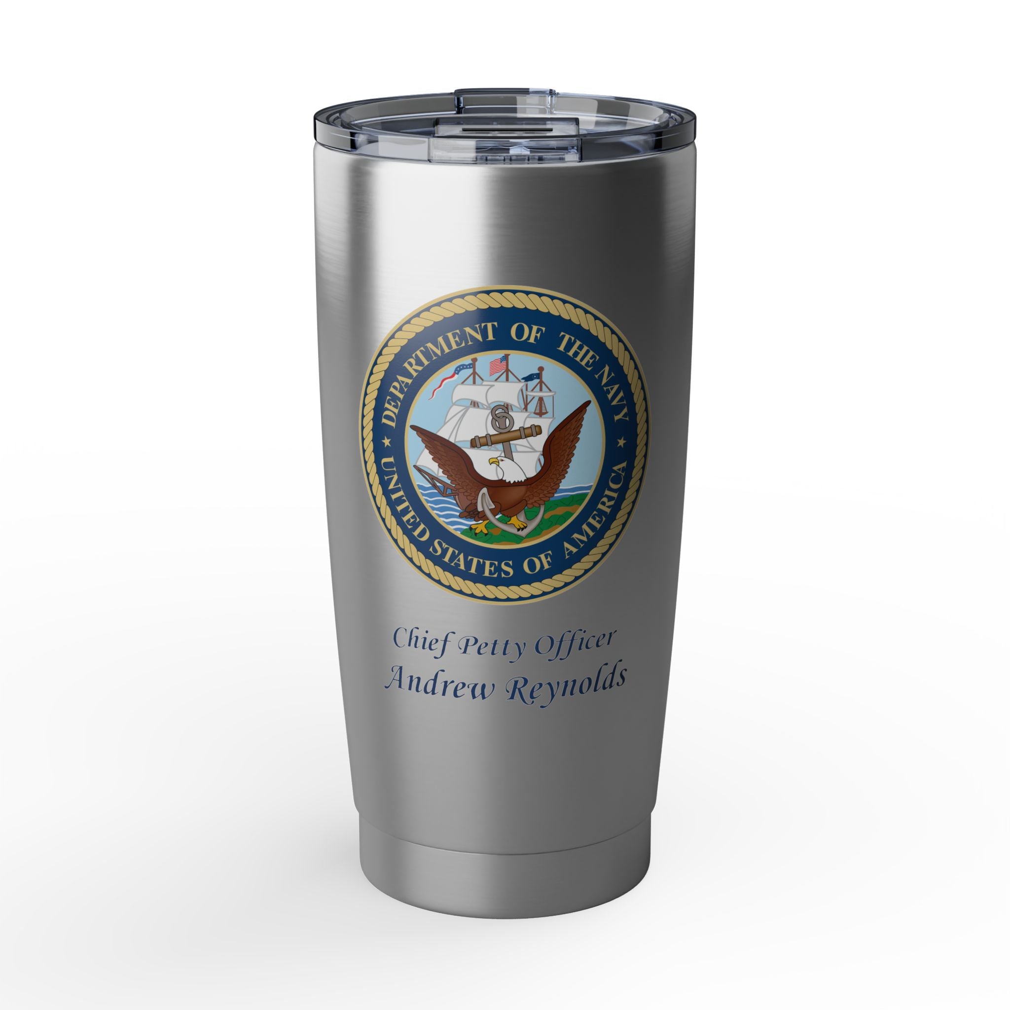 Custom U.S. Navy 20oz Tumbler – Personalized Military Drinkware with Rank, Name or Message (Black, Silver, White)