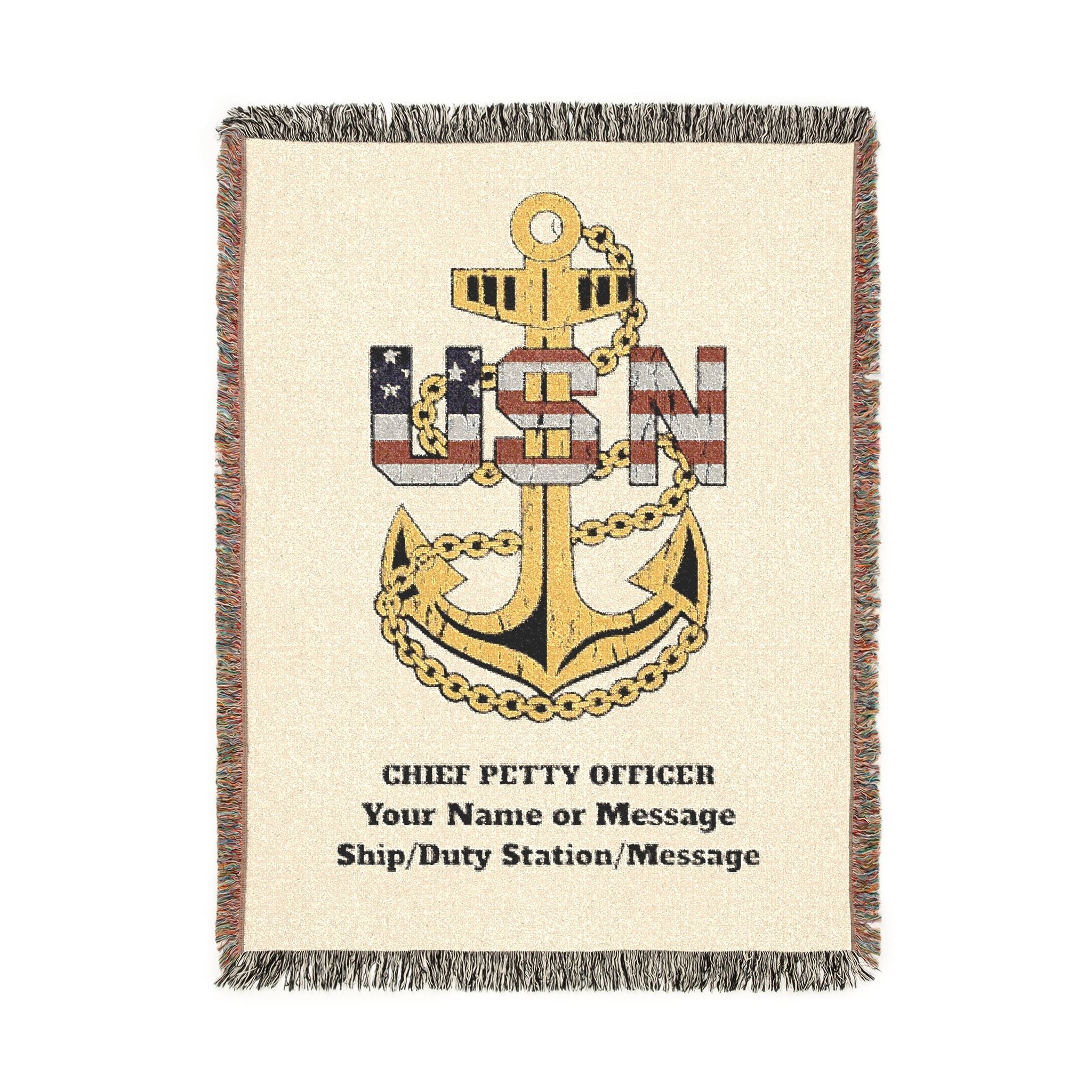 Custom U.S. Navy (USN) Anchor Woven Blanket – Personalized Navy Rank, Name & Ship Gift – Navy Veteran Blanket