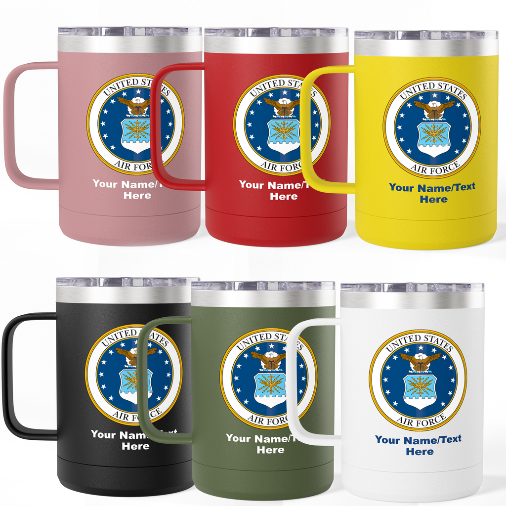 Custom U.S. Air Force 15oz Insulated Travel Mug – Personalized Military Coffee Tumbler with Name & Rank