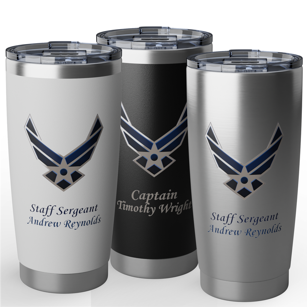 Custom U.S. Air Force 20oz Tumbler – Personalized Military Cup with Name, Rank & Unit (3 Colors)