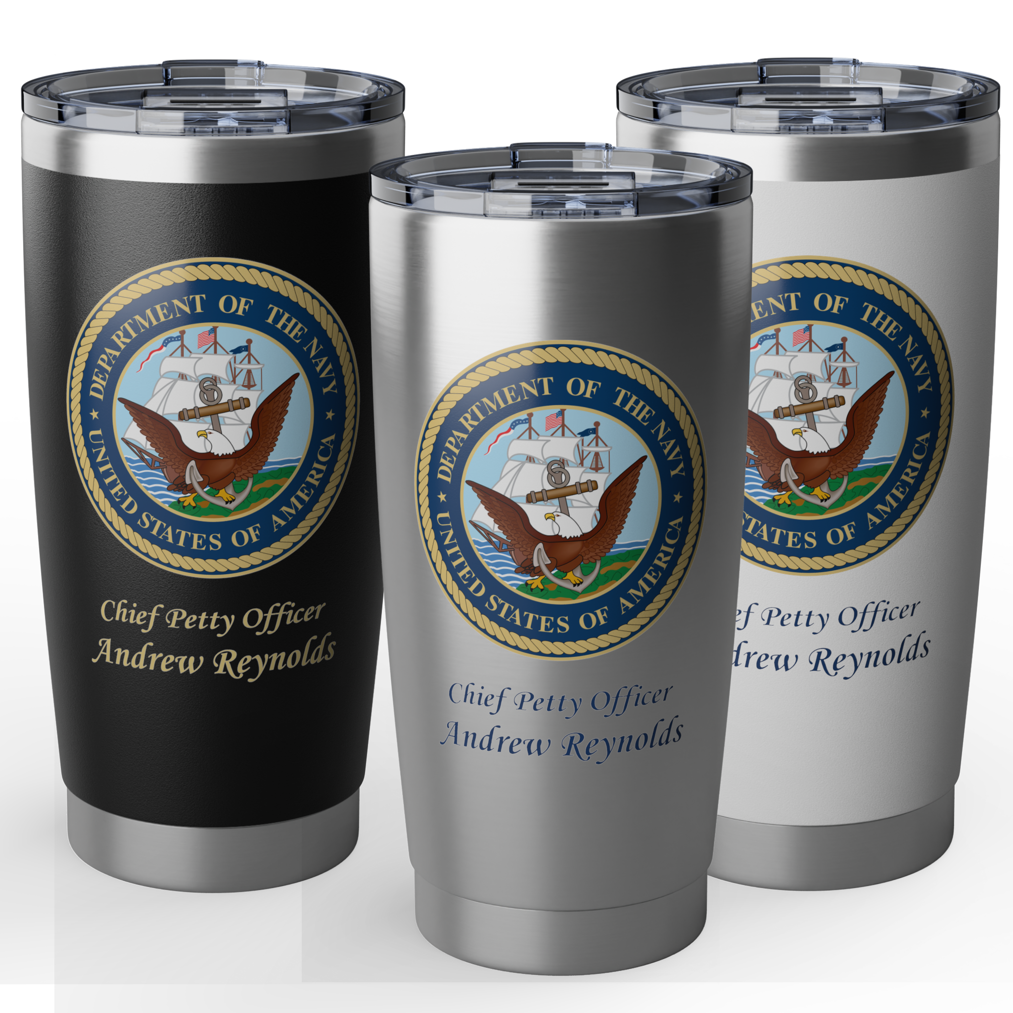 Custom U.S. Navy 20oz Tumbler – Personalized Military Drinkware with Rank, Name or Message (Black, Silver, White)