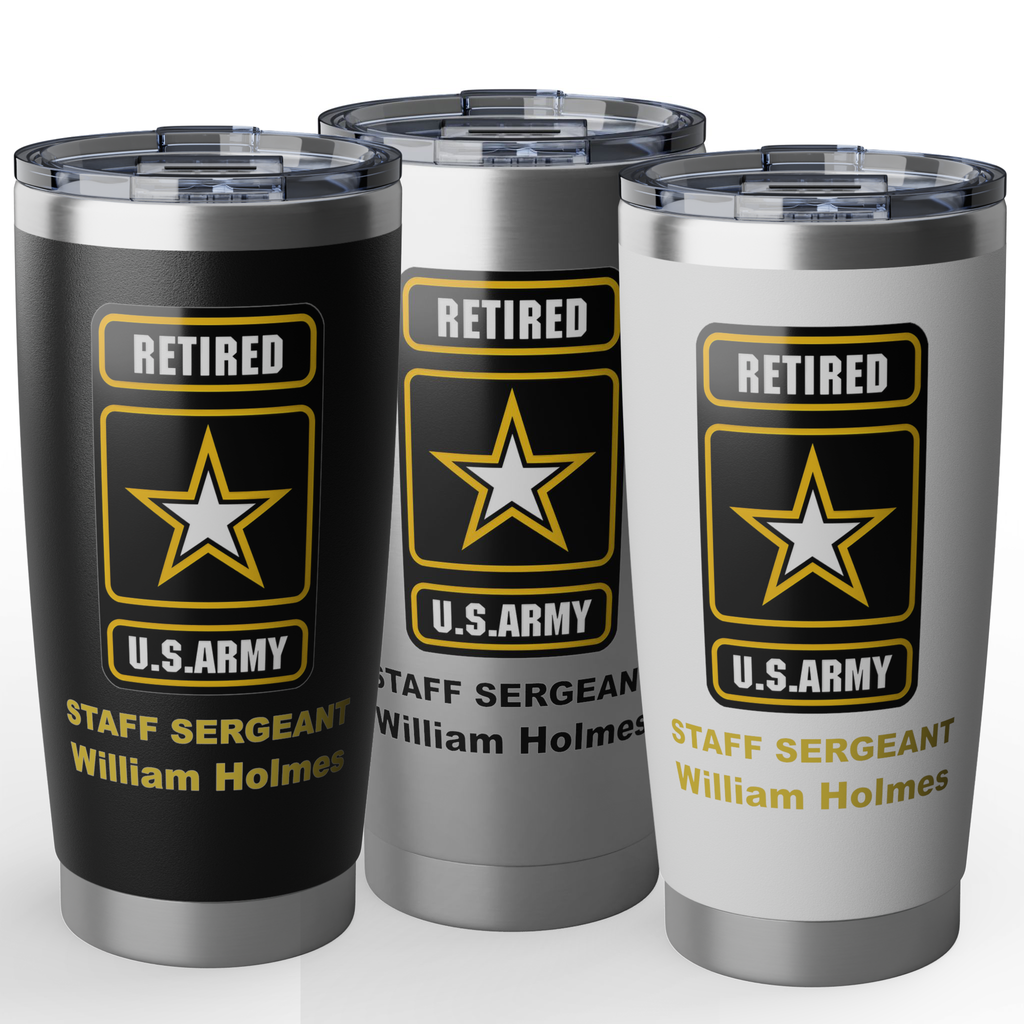 Custom U.S. Army Retired 20oz Tumbler – Personalized Military Retirement Travel Mug with Rank, Name or Message