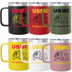 Personalized U.S. Marine Corps Bulldog 15oz Travel Mug Tumbler – Custom USMC Coffee Mug with Name, Rank or Message – Military Gift for Marines & Veterans
