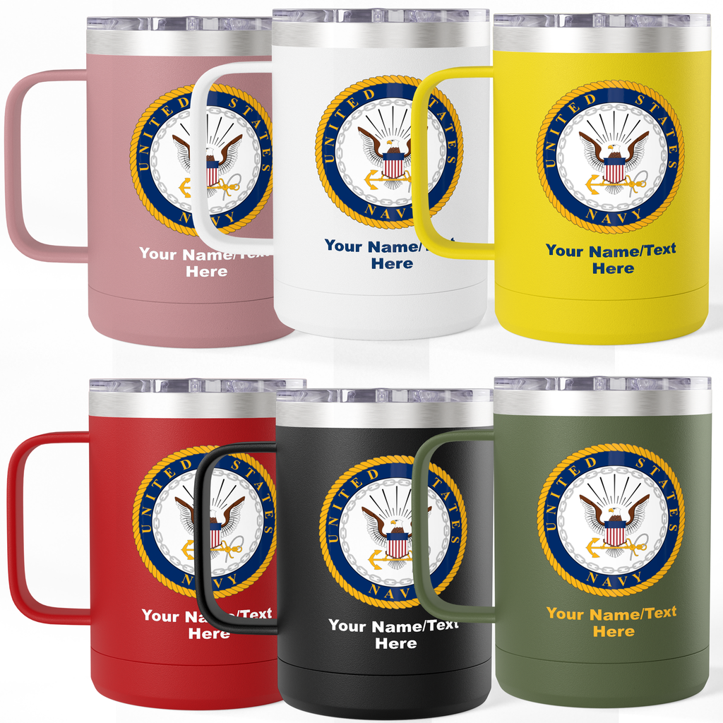 Custom U.S. Navy 15oz Travel Mug – Personalized Insulated Coffee Tumbler with Navy Seal, Name, Rank & Ship (6 Colors)