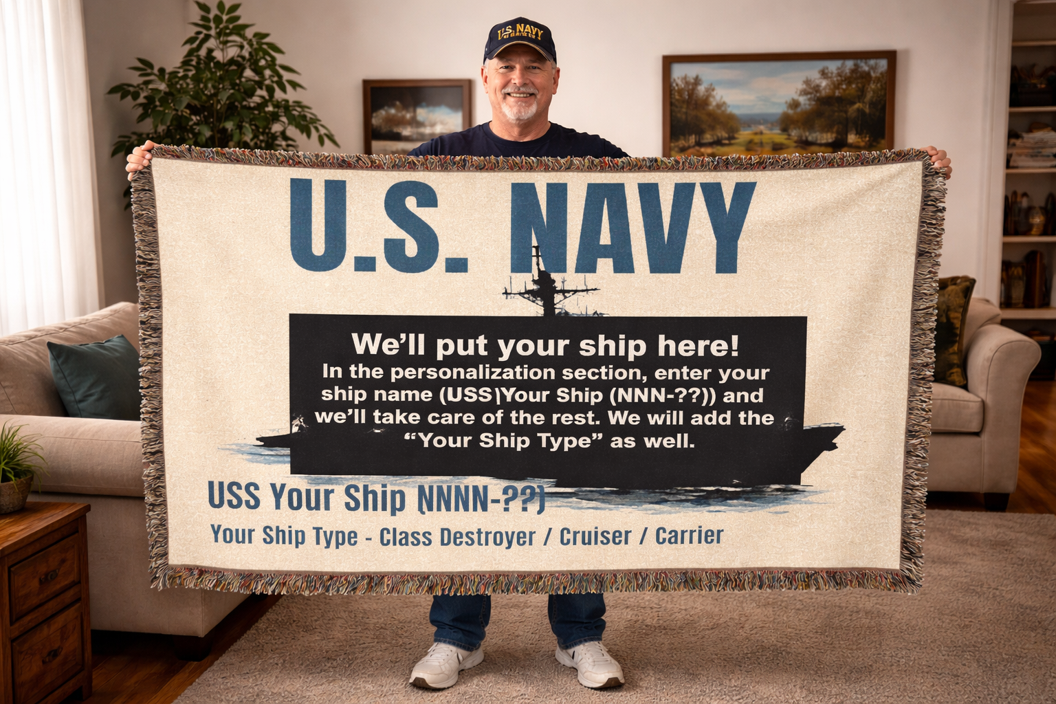 Personalized U.S. Navy Ship Woven Blanket – Custom USS Ship Blanket – Navy Veteran, Sailor & Military Gift