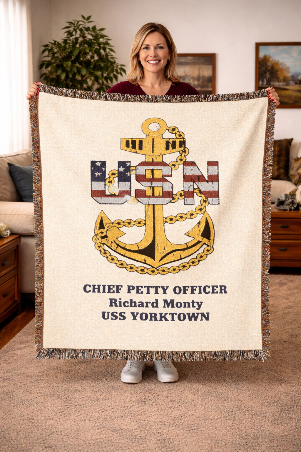 Custom U.S. Navy (USN) Anchor Woven Blanket – Personalized Navy Rank, Name & Ship Gift – Navy Veteran Blanket