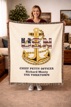 Custom U.S. Navy (USN) Anchor Woven Blanket – Personalized Navy Rank, Name & Ship Gift – Navy Veteran Blanket