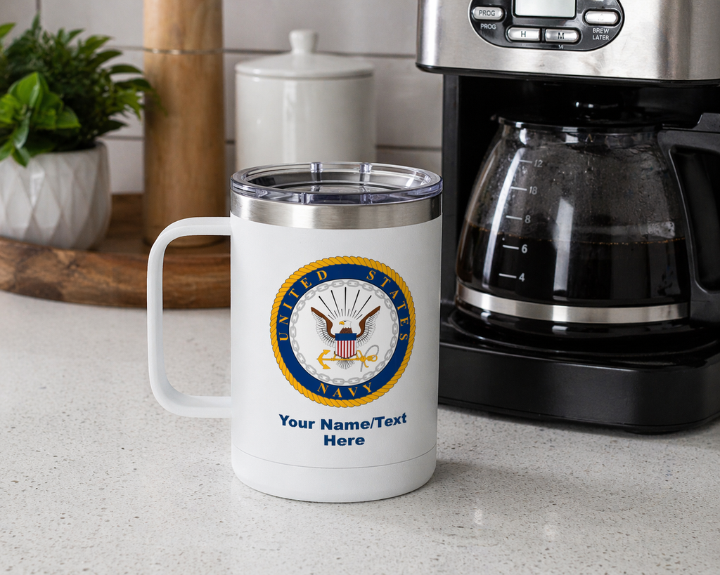 Custom U.S. Navy 15oz Travel Mug – Personalized Insulated Coffee Tumbler with Navy Seal, Name, Rank & Ship (6 Colors)