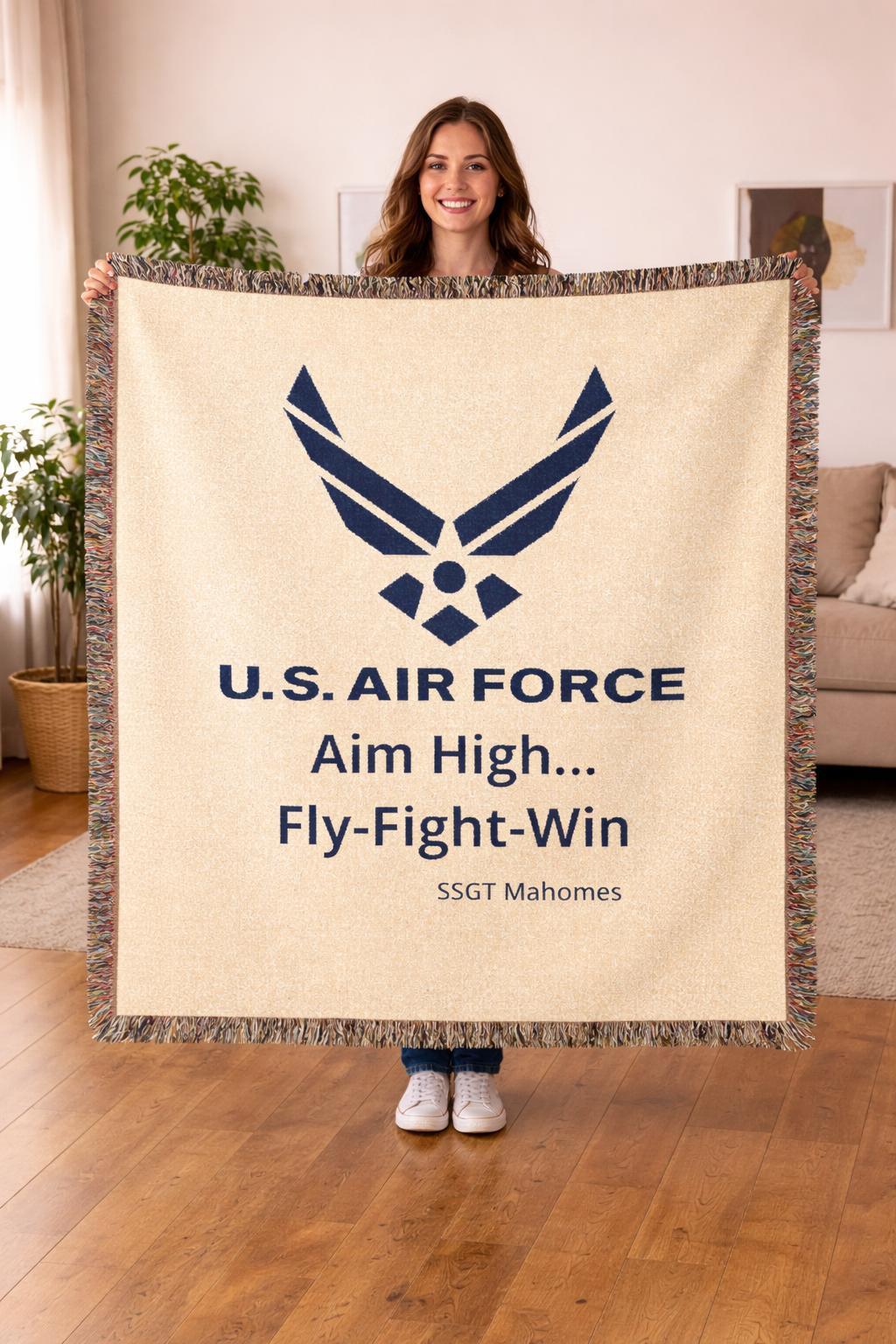 Custom U.S. Air Force Aim High Woven Blanket – Personalized USAF Military Gift with Name & Rank