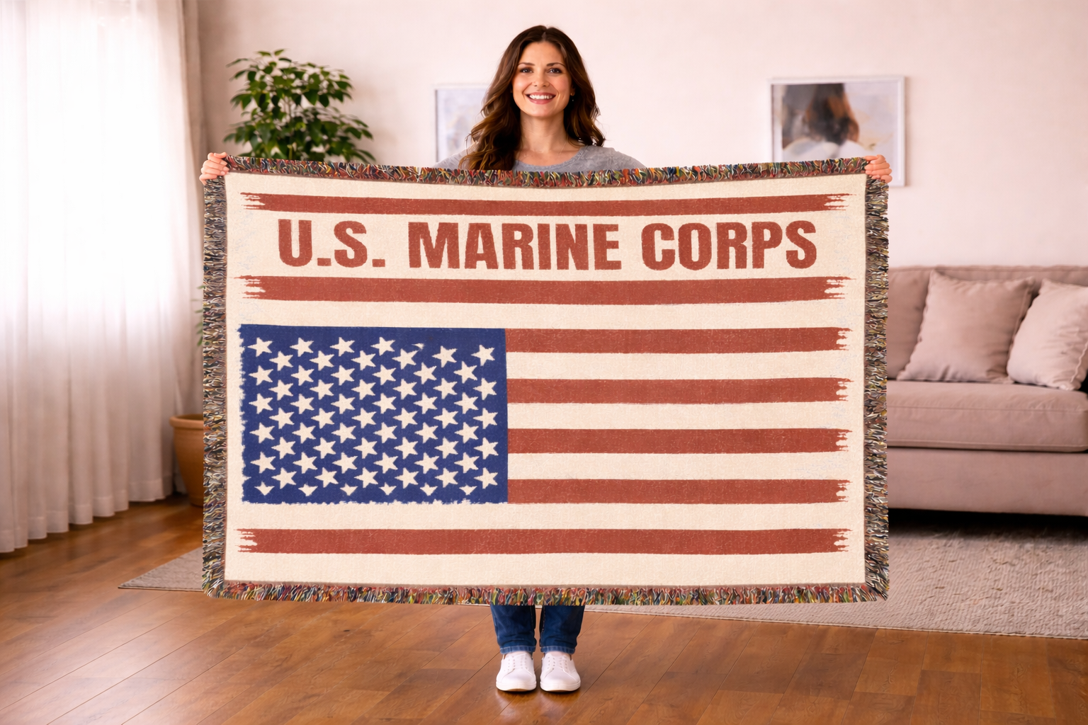 Custom U.S. Marine Corps American Flag Woven Blanket – Personalized USMC Blanket – Marine Veteran Gift
