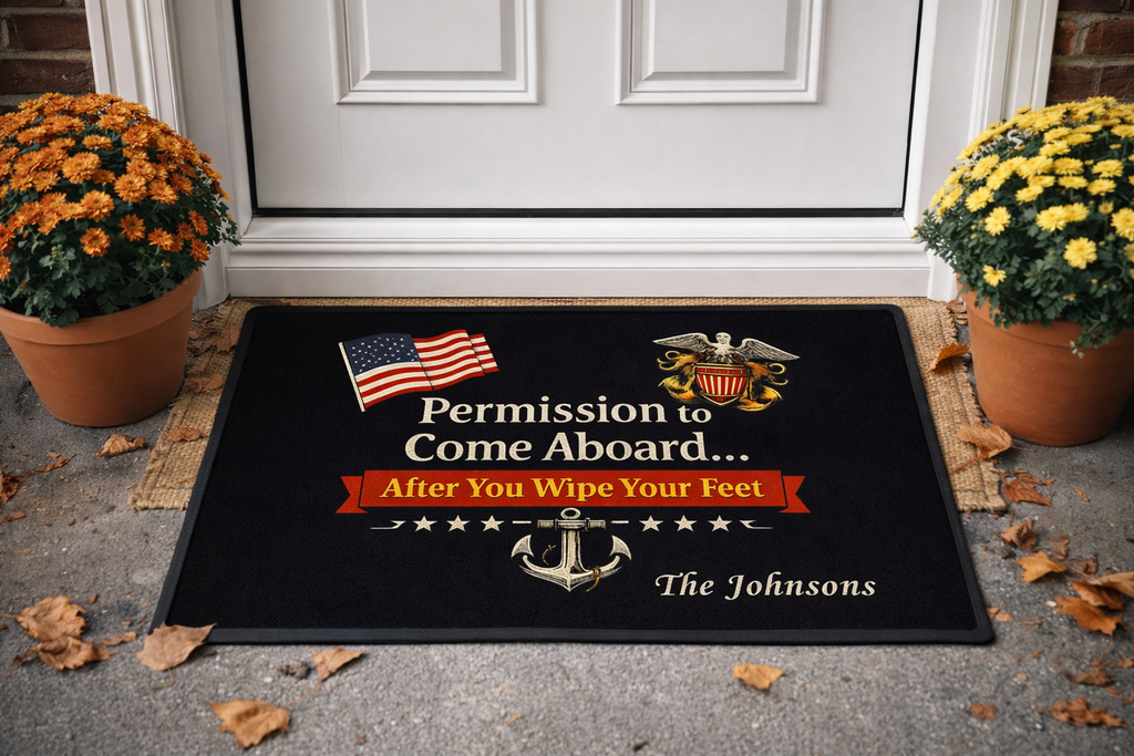 Personalized U.S. Navy Permission to Come Aboard Doormat | Custom Navy Family Welcome Mat
