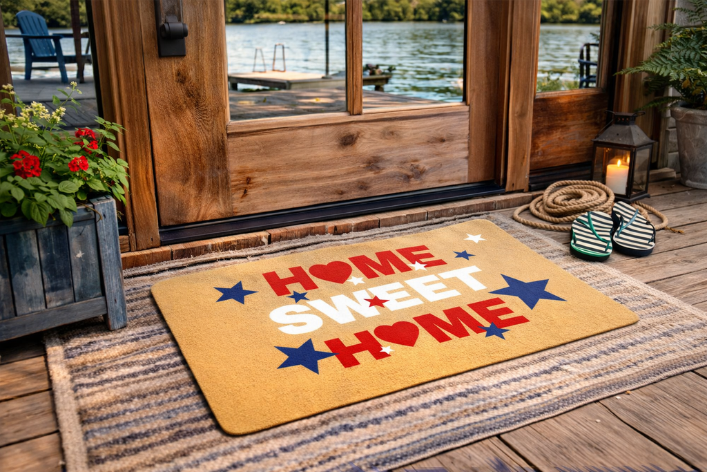 Home Sweet Home Patriotic Welcome Mat – Red White Blue Doormat – 18" x 30" Indoor Outdoor