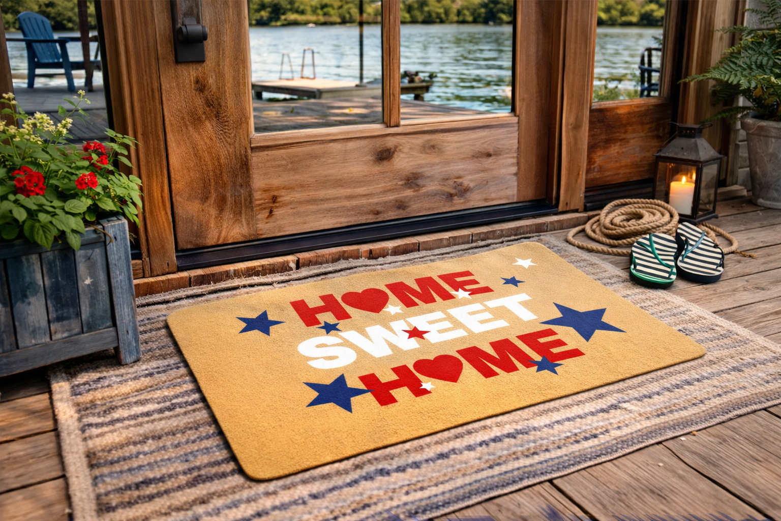 Home Sweet Home Patriotic Welcome Mat – Red White Blue Doormat – 18" x 30" Indoor Outdoor