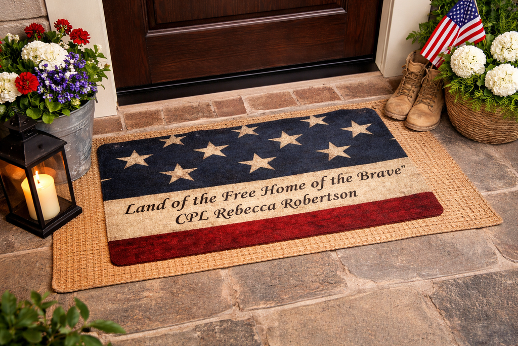 Personalized Land of the Free Doormat – American Flag Custom Military Family Welcome Mat