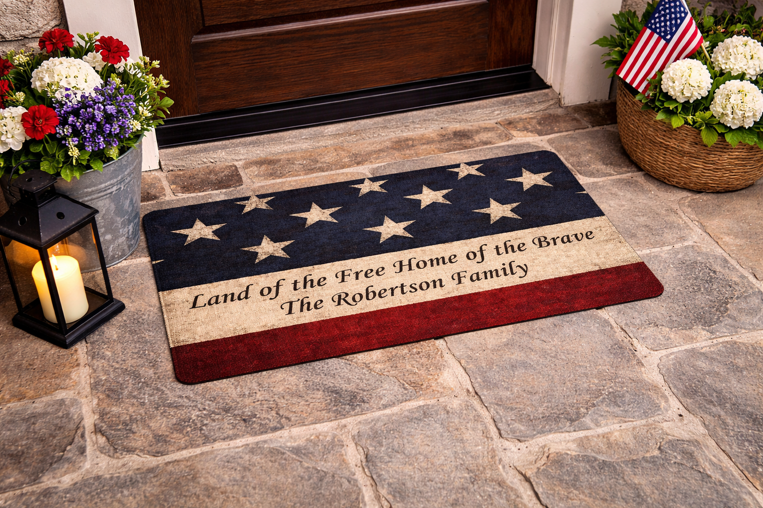 Personalized Land of the Free Doormat – American Flag Custom Military Family Welcome Mat