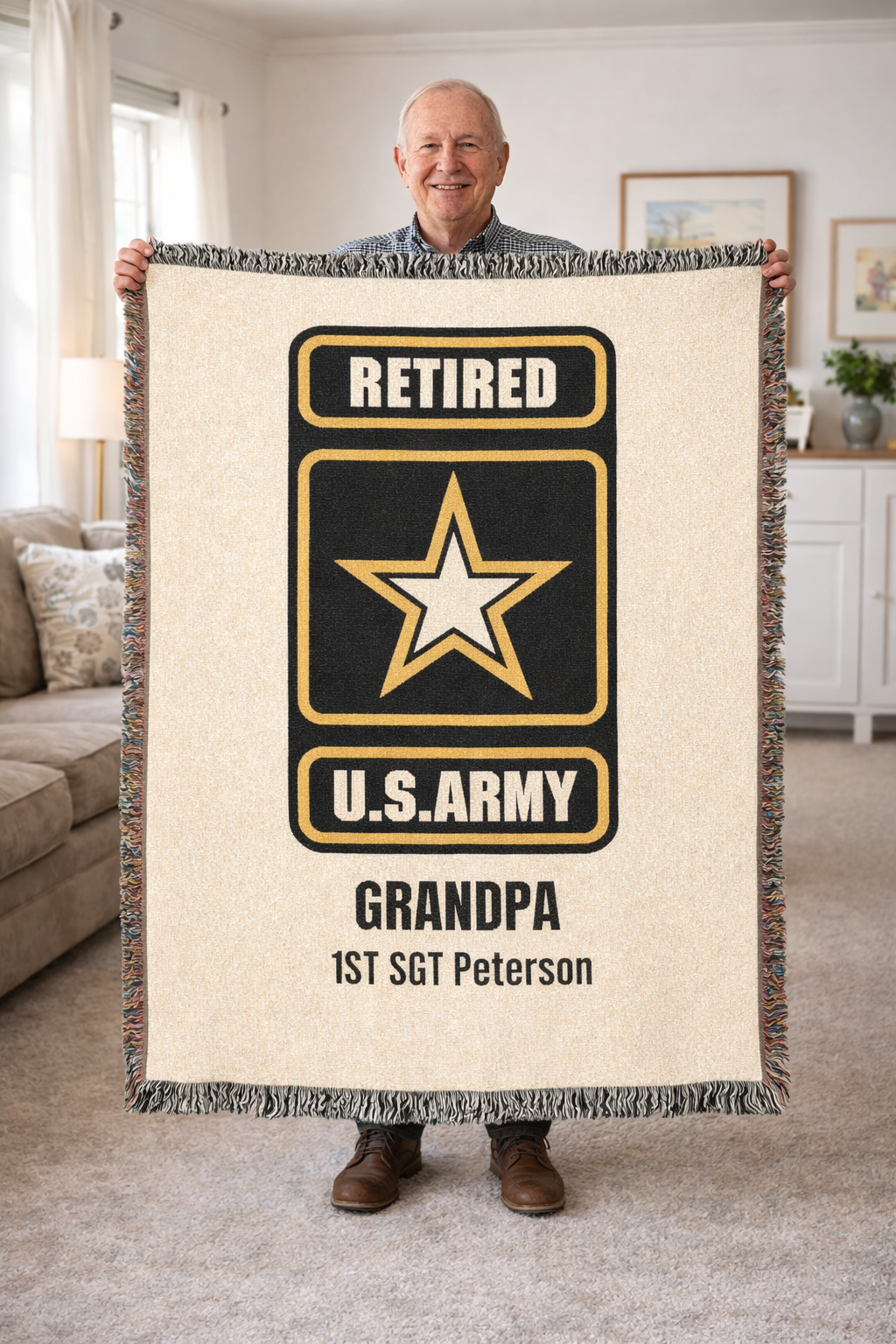 Personalized U.S. Army Retired Woven Blanket – Custom Veteran Gift – Army Grandpa, Dad, Mom Military Retirement Blanket