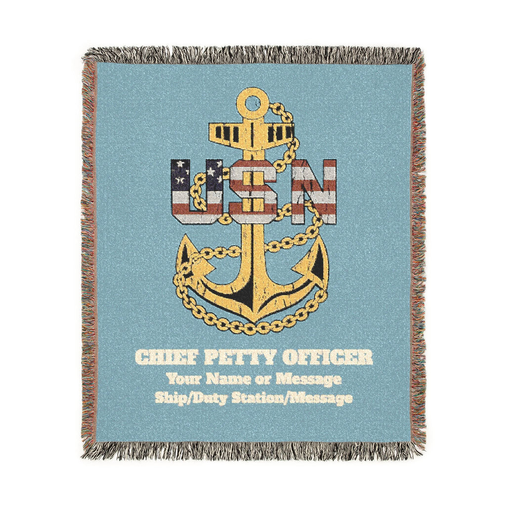 Custom U.S. Navy (USN) Anchor Woven Blanket – Personalized Navy Rank, Name & Ship Gift – Navy Veteran Blanket