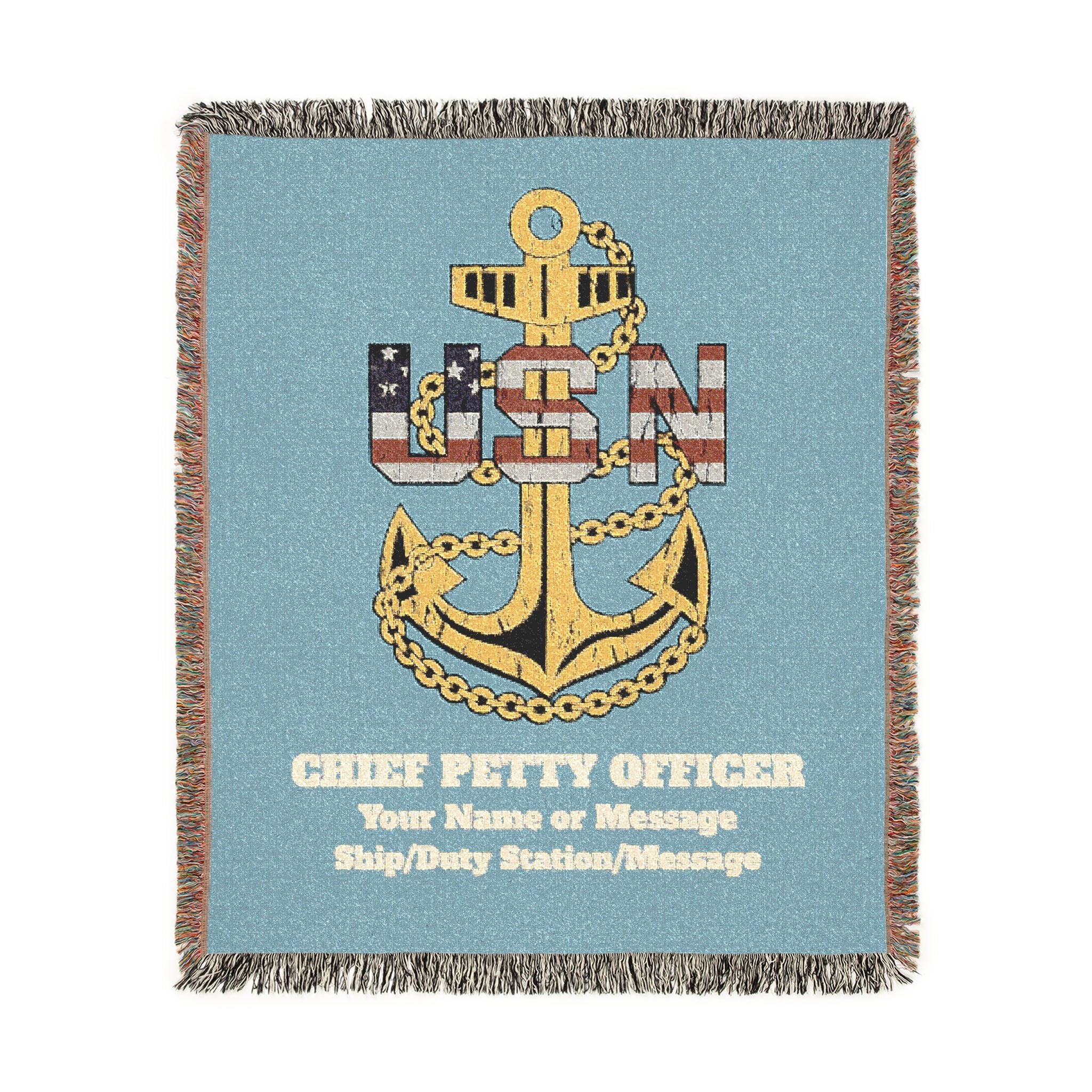 Custom U.S. Navy (USN) Anchor Woven Blanket – Personalized Navy Rank, Name & Ship Gift – Navy Veteran Blanket