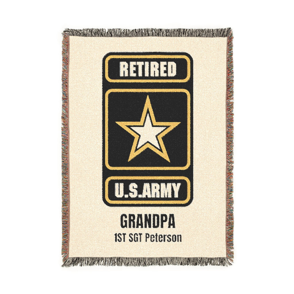 Personalized U.S. Army Retired Woven Blanket – Custom Veteran Gift – Army Grandpa, Dad, Mom Military Retirement Blanket