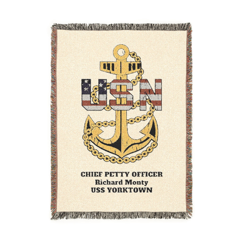 Custom U.S. Navy (USN) Anchor Woven Blanket – Personalized Navy Rank, Name & Ship Gift – Navy Veteran Blanket