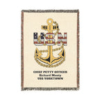 Custom U.S. Navy (USN) Anchor Woven Blanket – Personalized Navy Rank, Name & Ship Gift – Navy Veteran Blanket