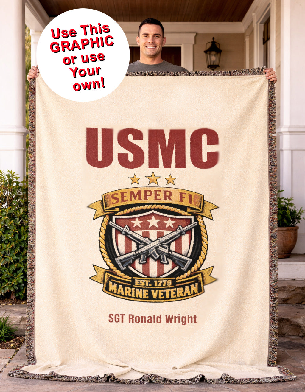 Custom U.S. Marine Corps Woven Blanket – Personalized USMC Gift – Upload Your Own Design