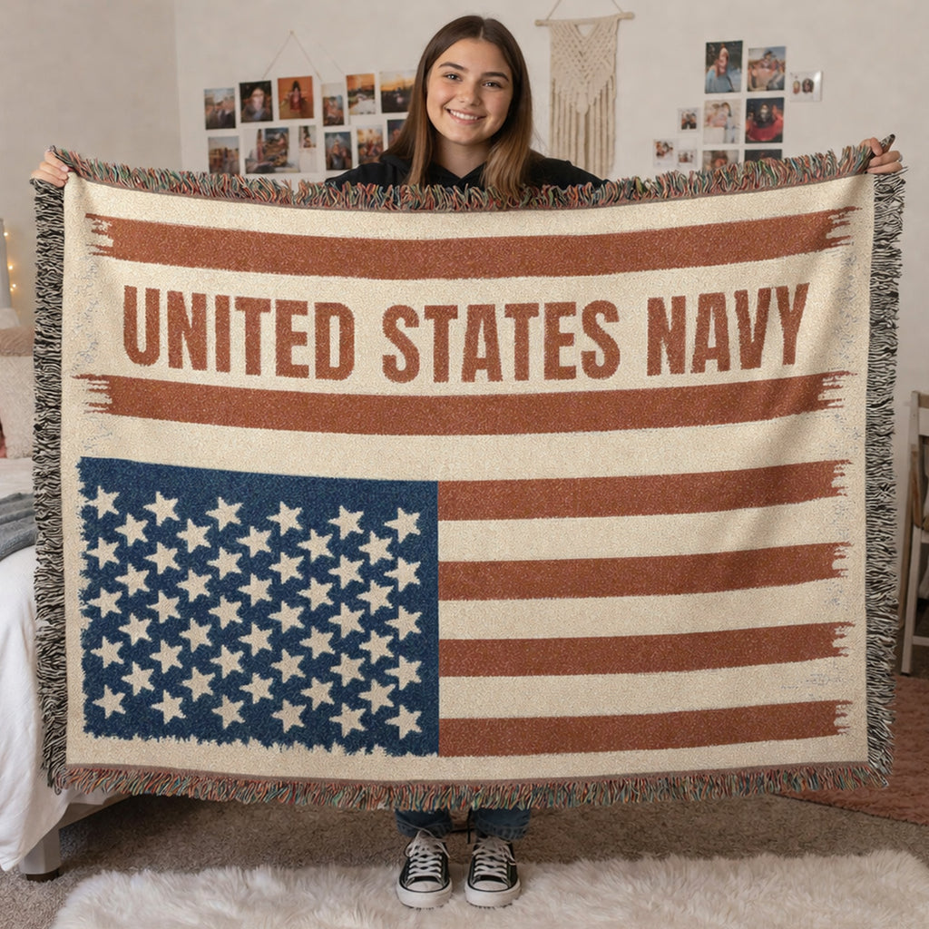 Custom U.S. Navy American Flag Woven Blanket – Personalized USN Military Throw – Navy Veteran & Sailor Gift