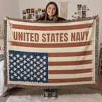 Custom U.S. Navy American Flag Woven Blanket – Personalized USN Military Throw – Navy Veteran & Sailor Gift