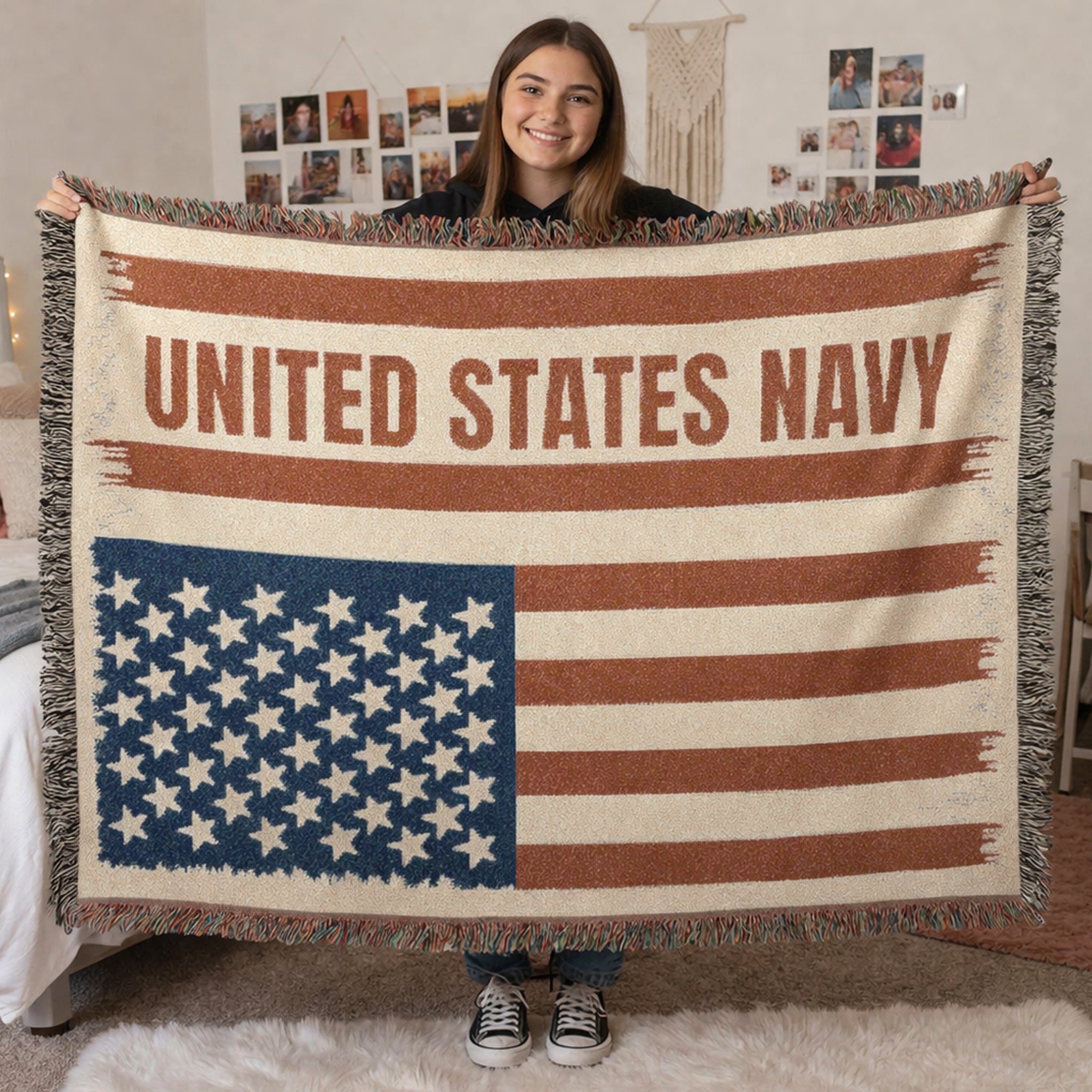 Custom U.S. Navy American Flag Woven Blanket – Personalized USN Military Throw – Navy Veteran & Sailor Gift